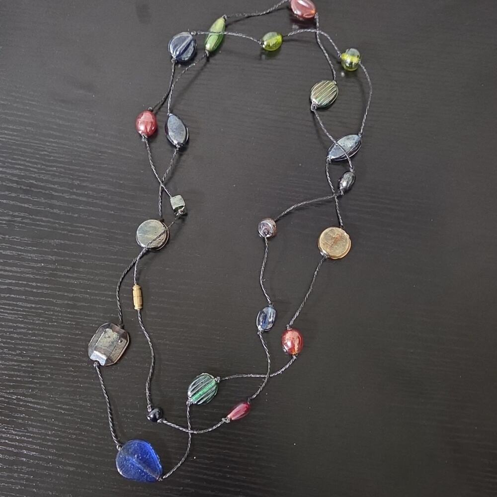 Vintage 60 Inch Knotted Glass Bead Necklace Boho Layering Festival